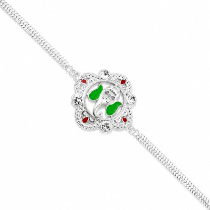 Ganesh Motif Rakhi Elegant Silver Chain Green Enamel (10pcs)