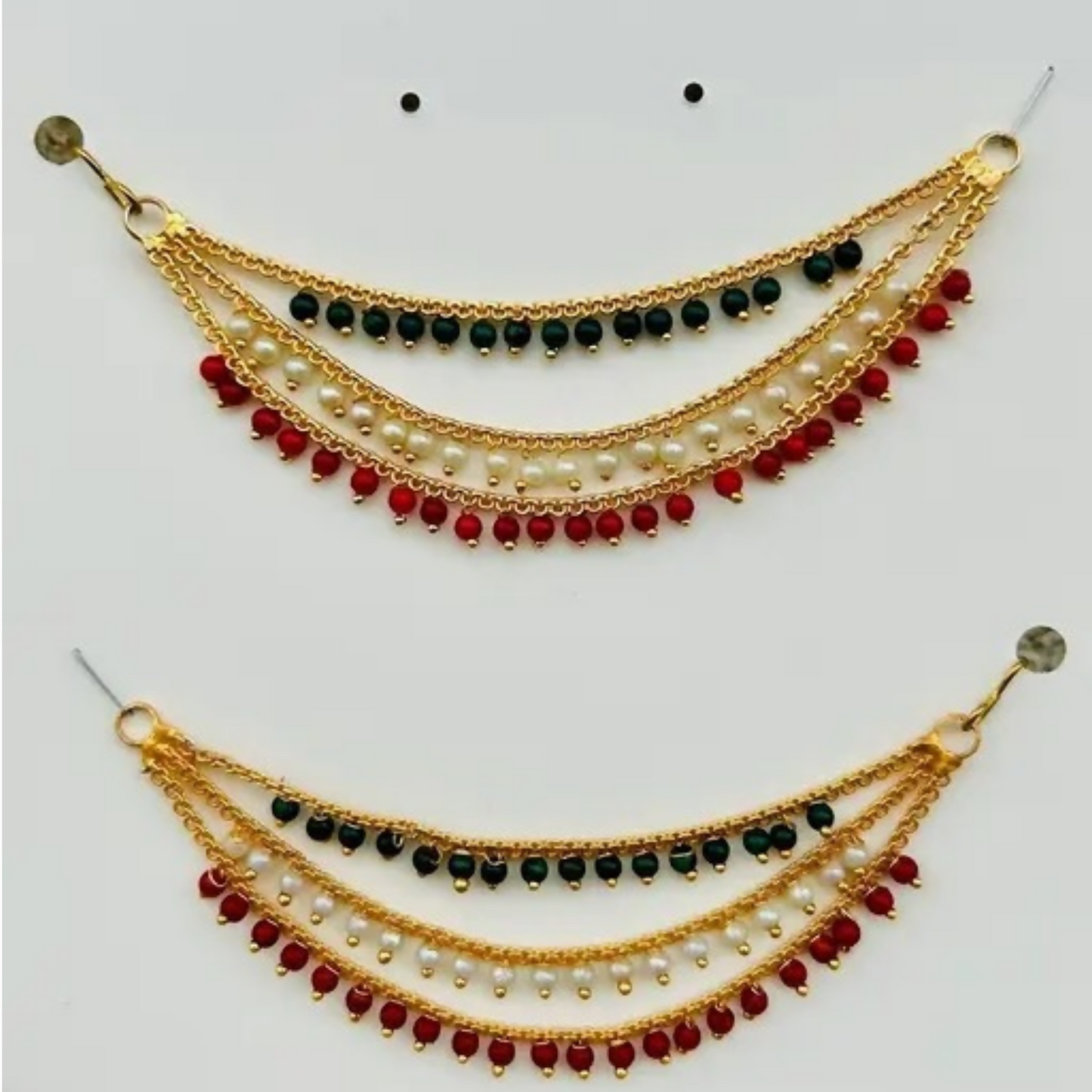 Gold-Plated Ear Chain Kanser with Red Green Beads and Pearls for Women’s Wedding Jewelry