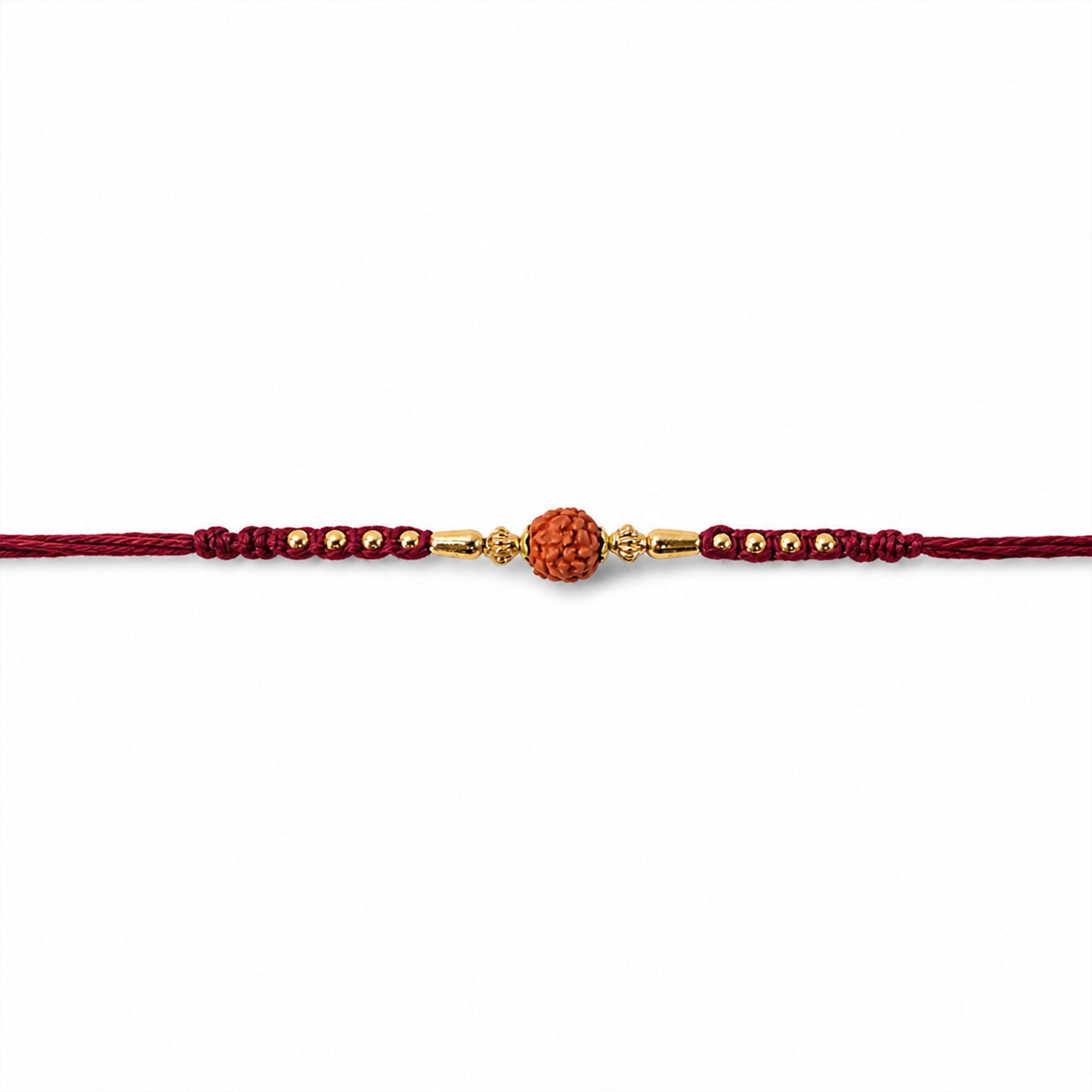 Red Braided Rakhi with a Rudraksha Bead and Wooden Bead Accents