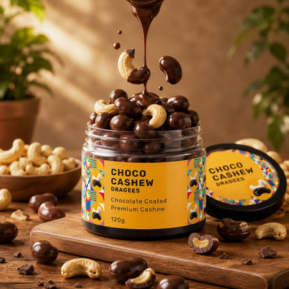 Oracle Chocolate Cashew Dragees in a luxurious box, with some delicious chocolate-coated cashews spilling out.