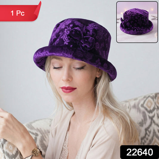 Velvet bucket hat with floral pattern on white background