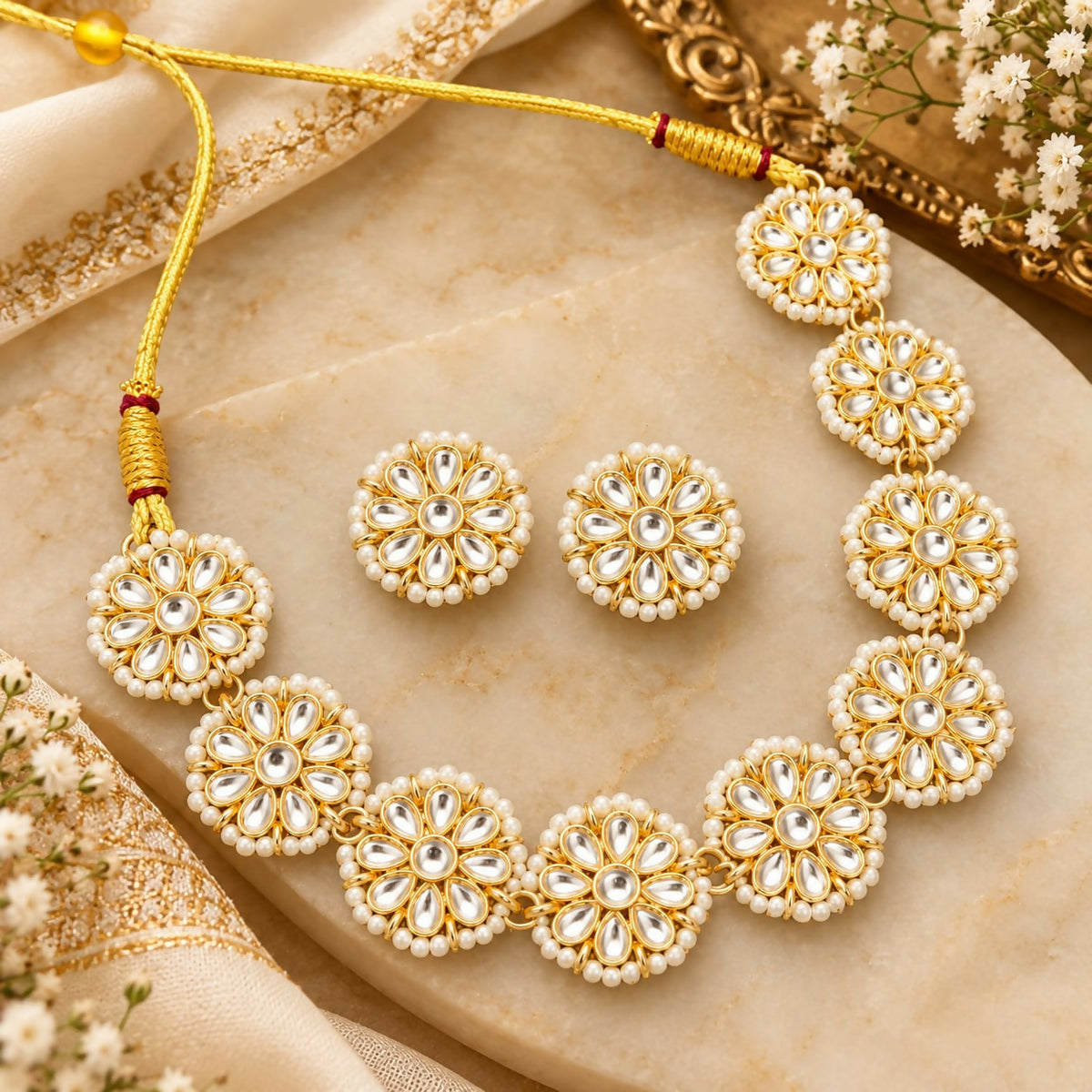 Elegant Golden-Tone Floral Kundan Necklace Set with White Teardrop Stones, Pearl Borders and Matching Stud Earrings
