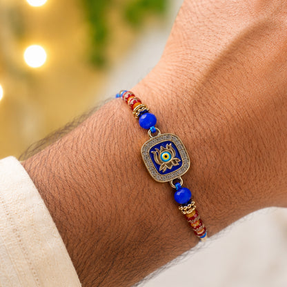 Lotus Nazar Evil Eye Cushion Studded Enamel Beads Designer Rakhi