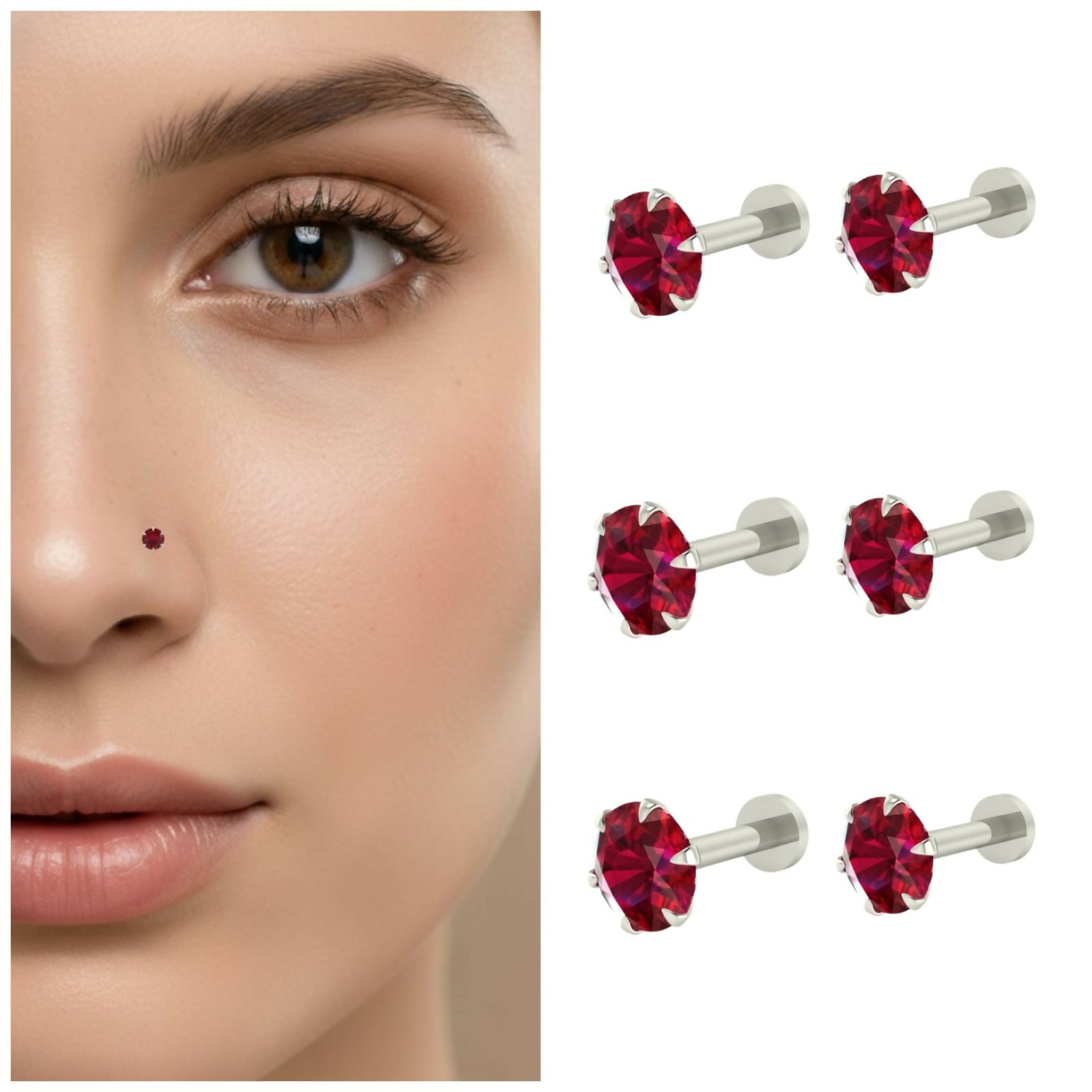 Combo pack of 6 silver plated red crystal nosepin studs