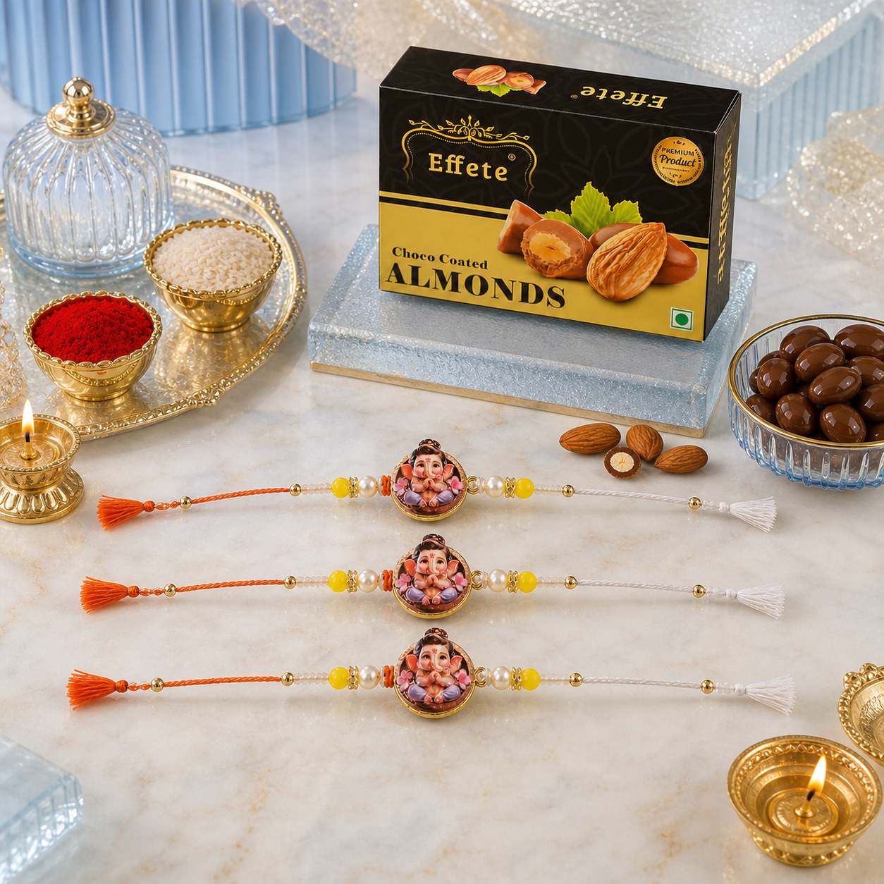 Ganesha Photo Rakhi with Chocolate Almonds, Pack of 3