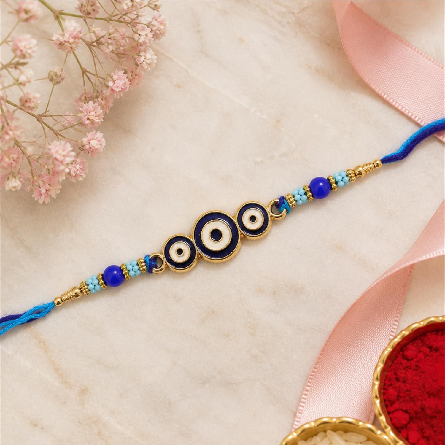 Designer Triple Nazar Evil Eye Enamel Bead Traditional Rakhi