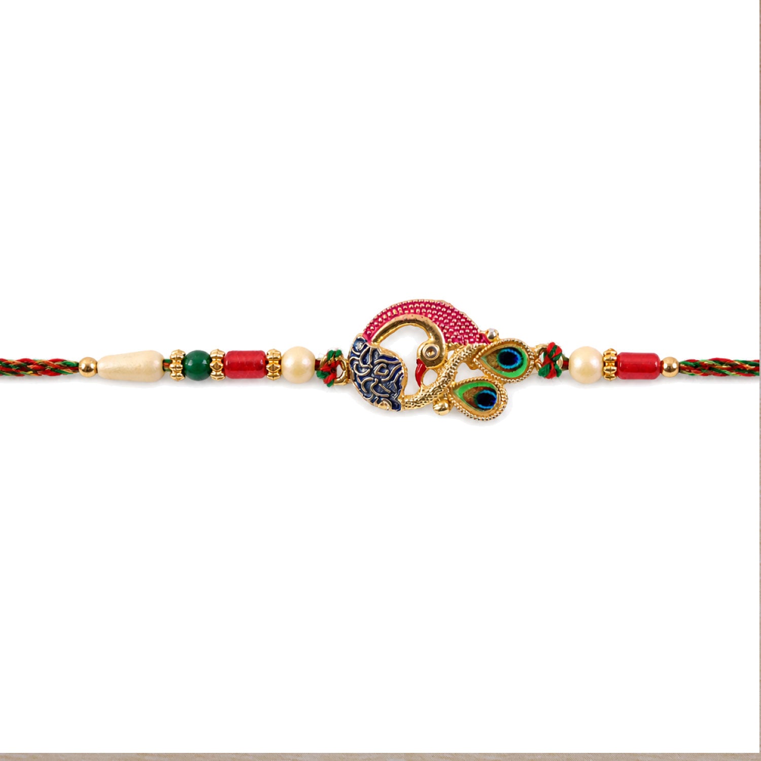 Peacock Rakhi Set with Red Thread, Gold Beads and Meenakari Accent Design