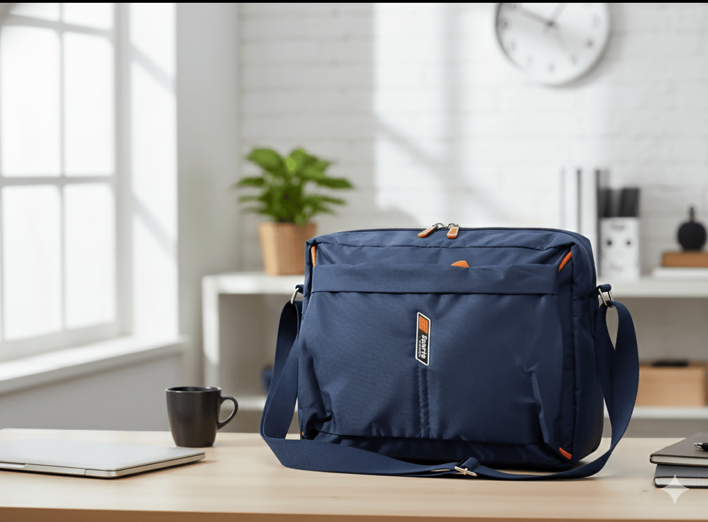 Side angle of durable lightweight crossbody bag crafted from tear-resistant nylon