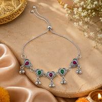 Antique Silver Heart & Teardrop Gemstone Slider Bracelet with Dangling Ghungroo Beads