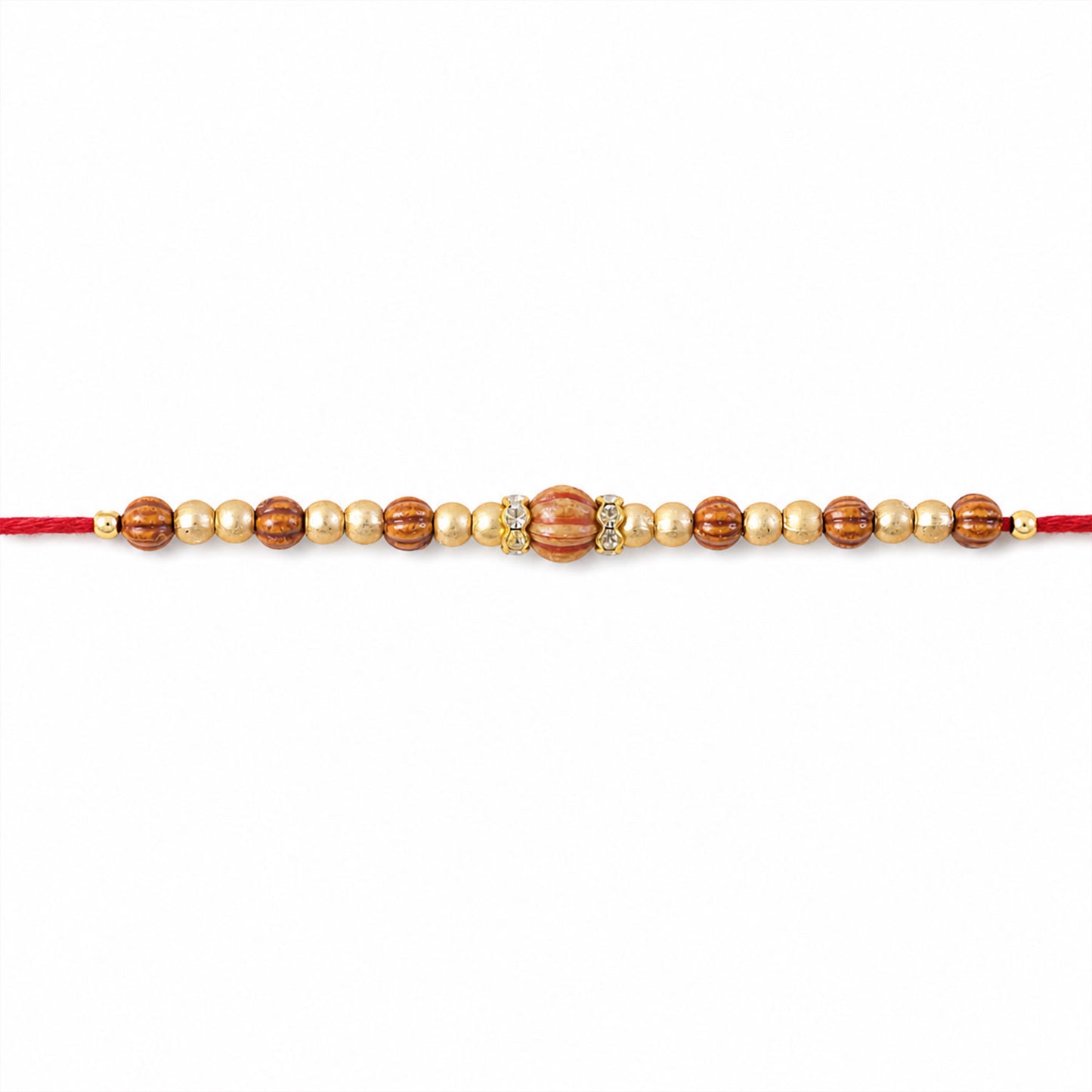 Red Thread Rakhi with Wooden Bead Pendant and Golden Bead Accents