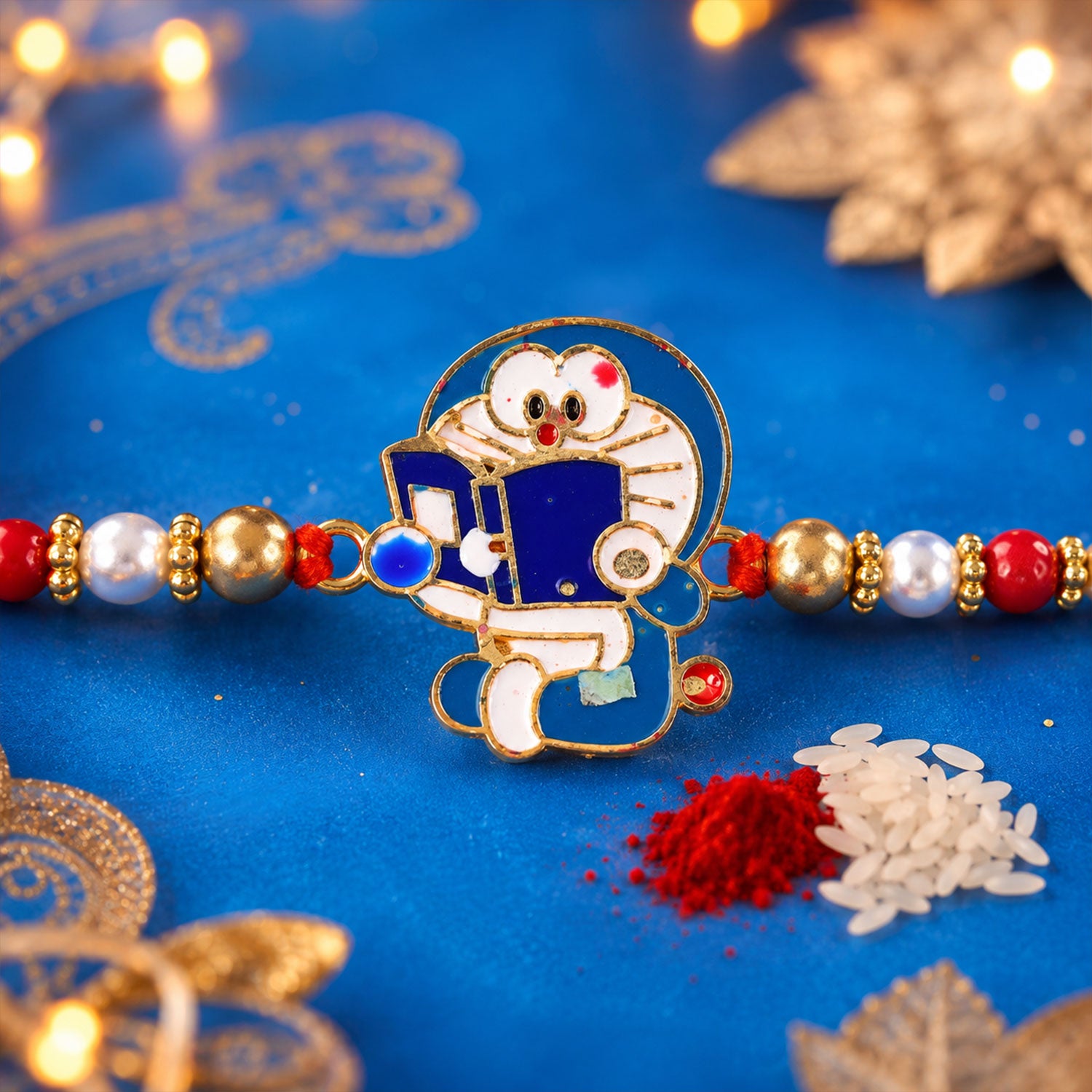 Doraemon Kids Rakhi with Red Gold Beads and Playful Blue Charm