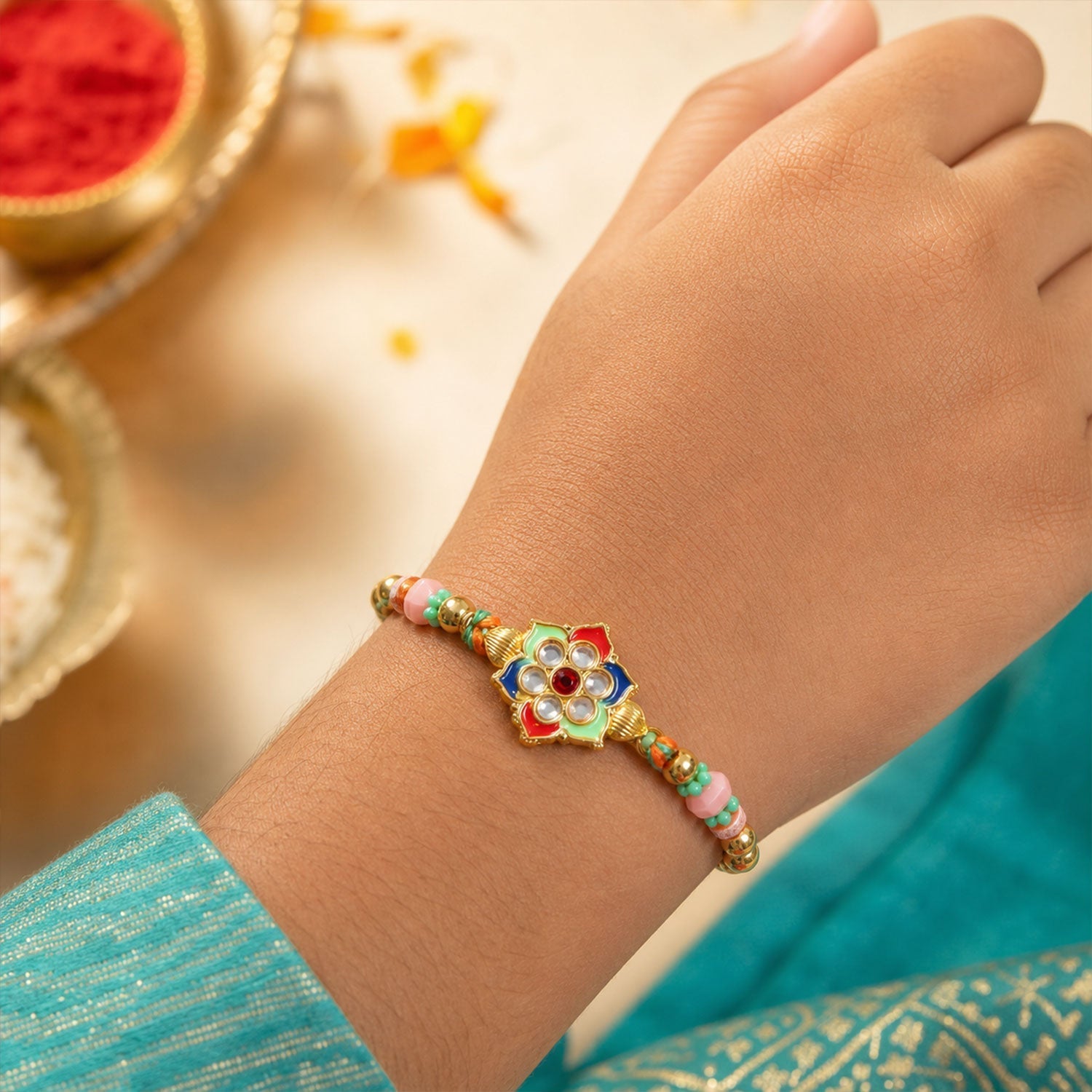 Kundan Floral Rakhi Set with Assorted Dryfruits, Pack of 5