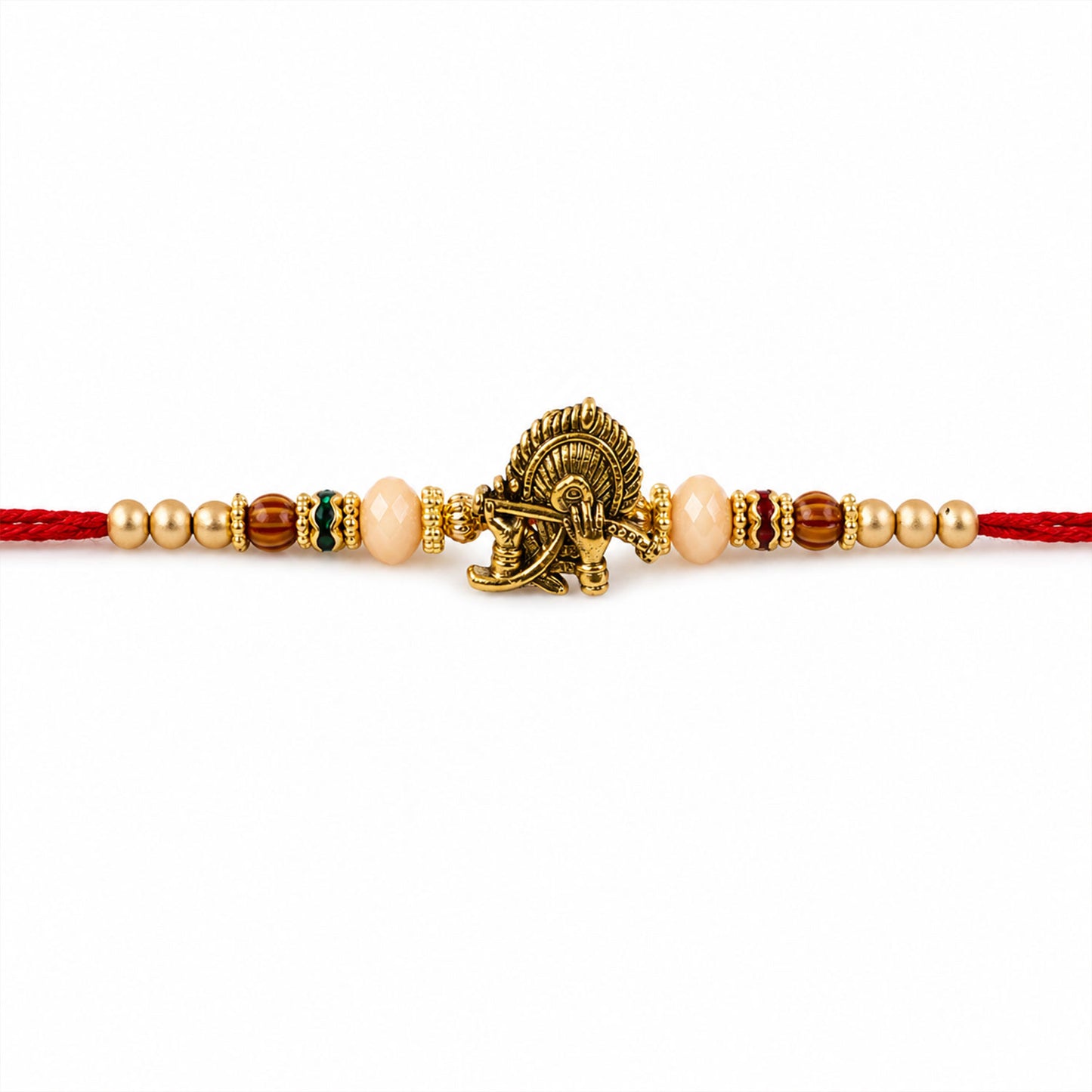 Krishna Flute Peacock Devotional Rakhi with Antique Gold Centre and Peach Beads
