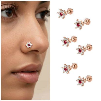 Combo pack of six rose gold floral nosepin studs with vibrant ruby stones