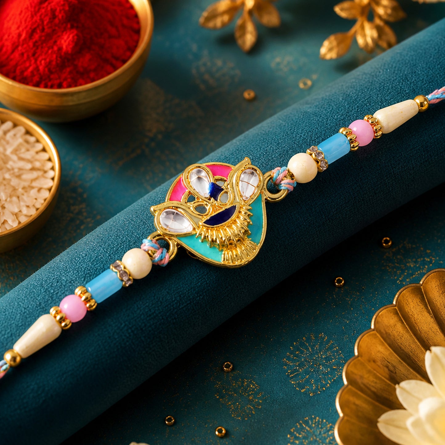 Crown Shaped Kundan Pendant Rakhi with Pink and Teal Enamel