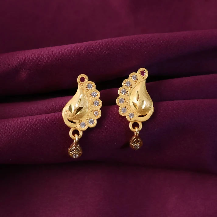 Peacock Inspired Gold Finish Earrings With Textured Motif And Stone Drop Accent