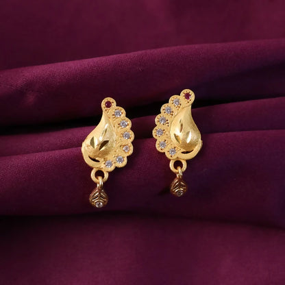 Peacock Inspired Gold Finish Earrings With Textured Motif And Stone Drop Accent