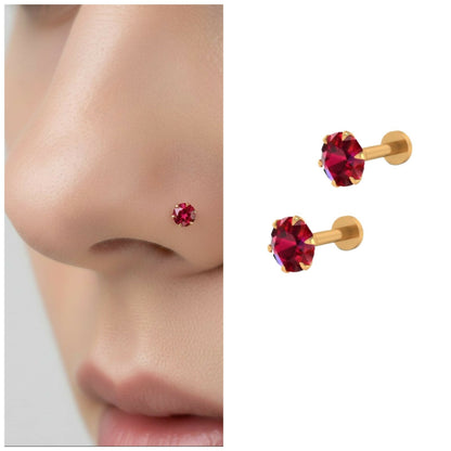 14K gold plated ruby nosepin stud with flat back for comfortable wear