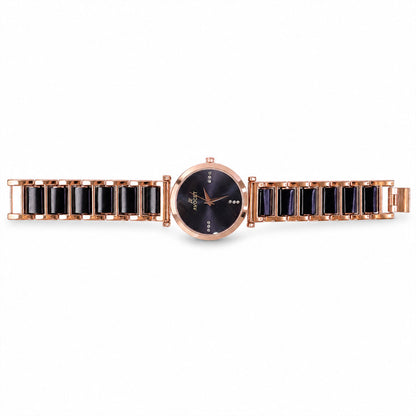 Rose Gold Round Dial Watch with Black Butterfly Shape Bracelet for Women