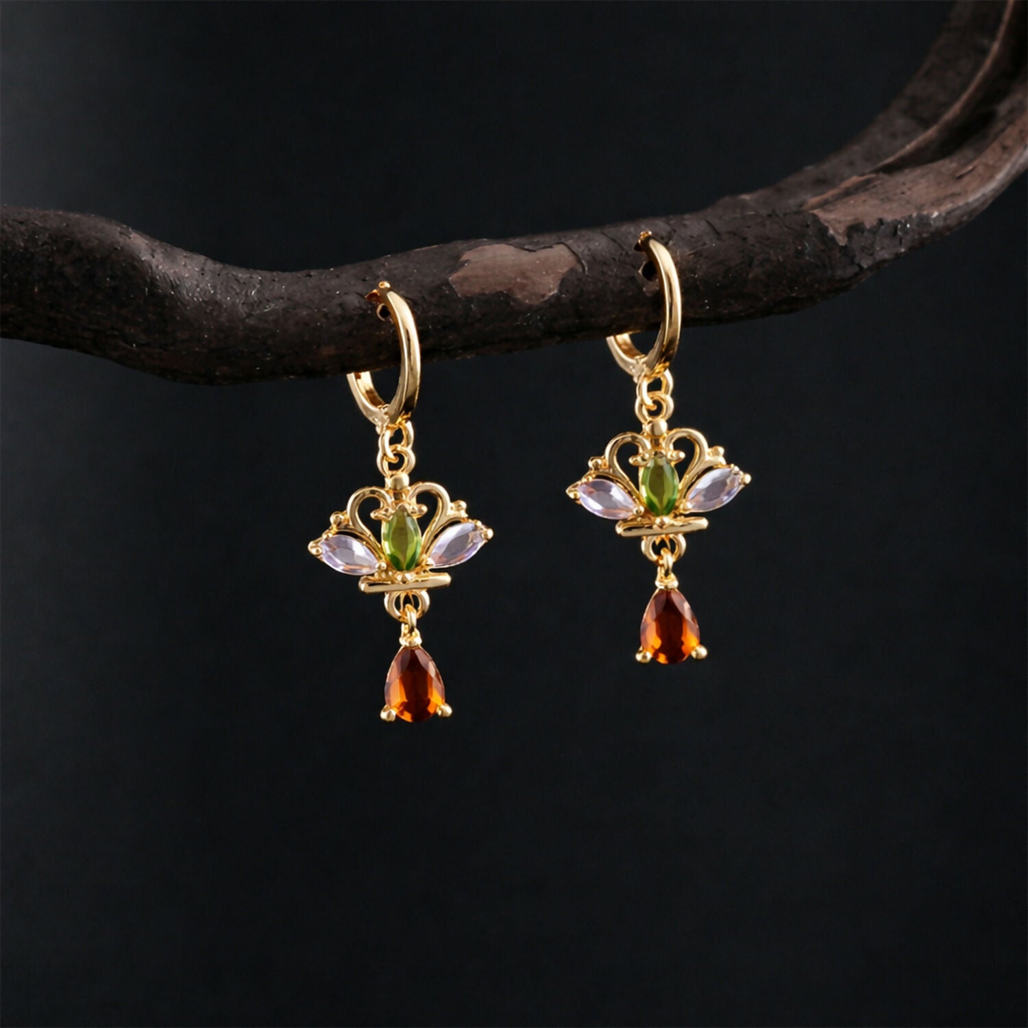 Royal Crown-Inspired Multicolor Crystal Dangle Earrings with Gold Hoop