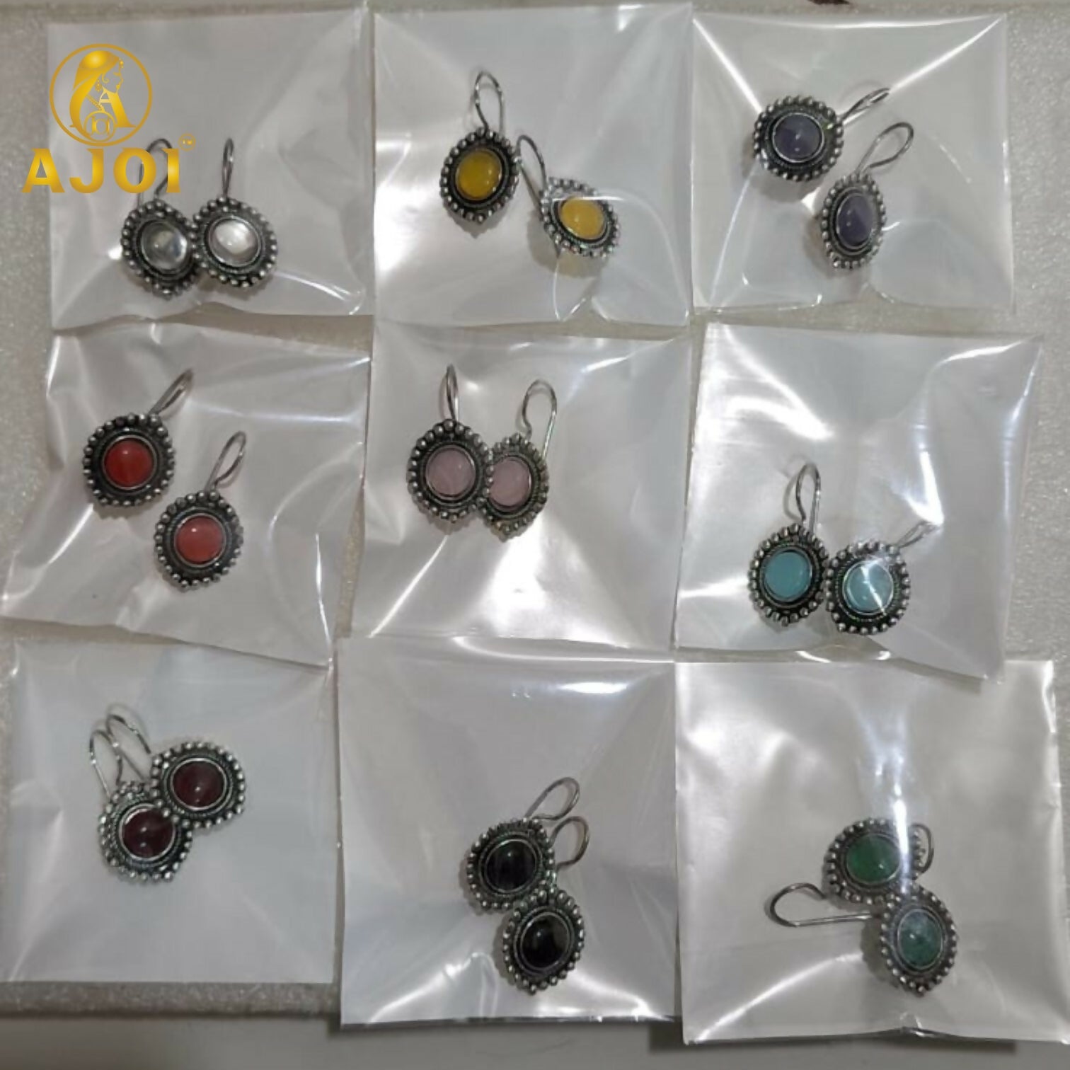 Multiple colors of round stone earrings in oxidized silver