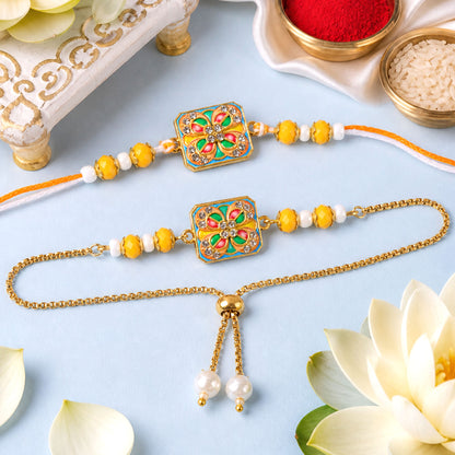 Square Meenakari Floral Studded Crystal Pearl Beads Bhai Bhabhi Rakhi Lumba Set