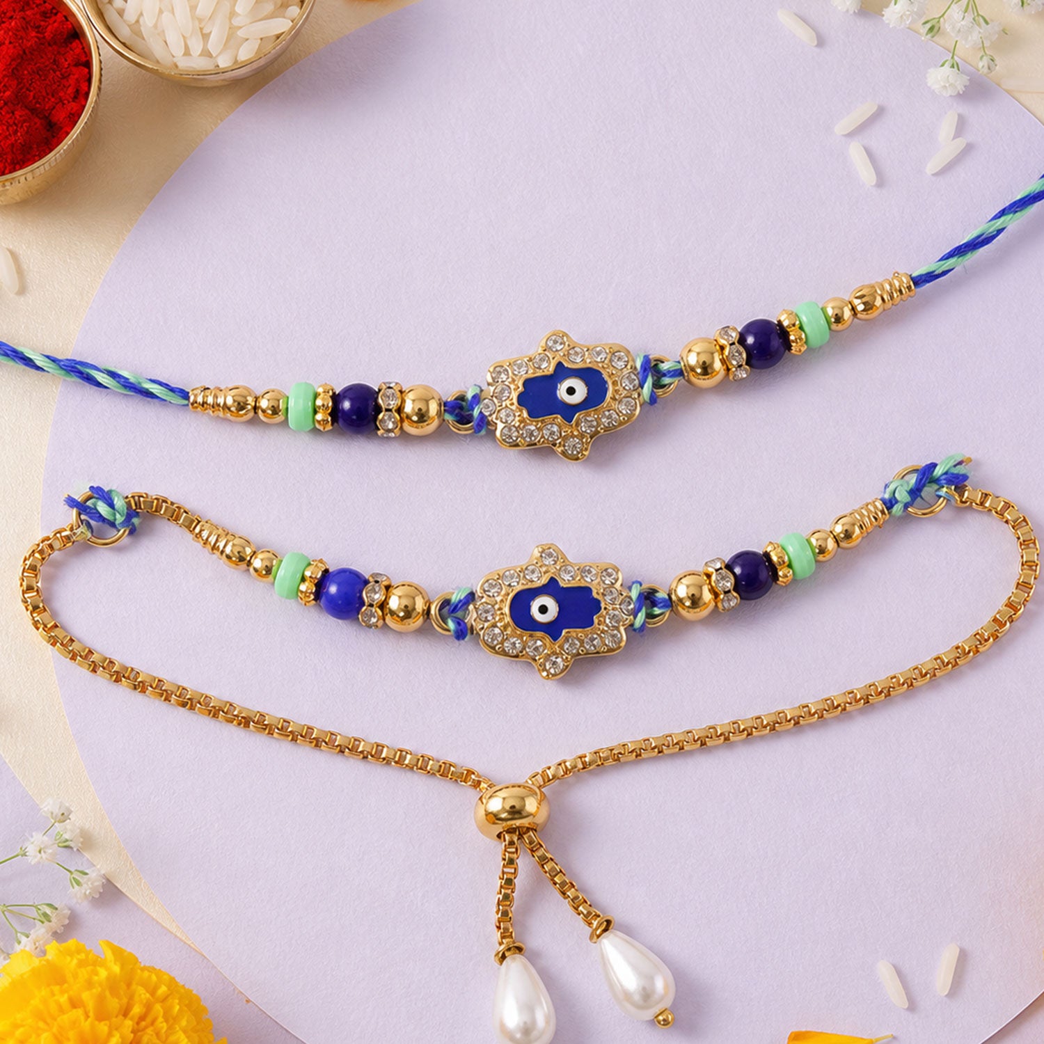 Premium Evil Eye Crystal Studded Beads Bhai Bhabhi Rakhi Lumba Set