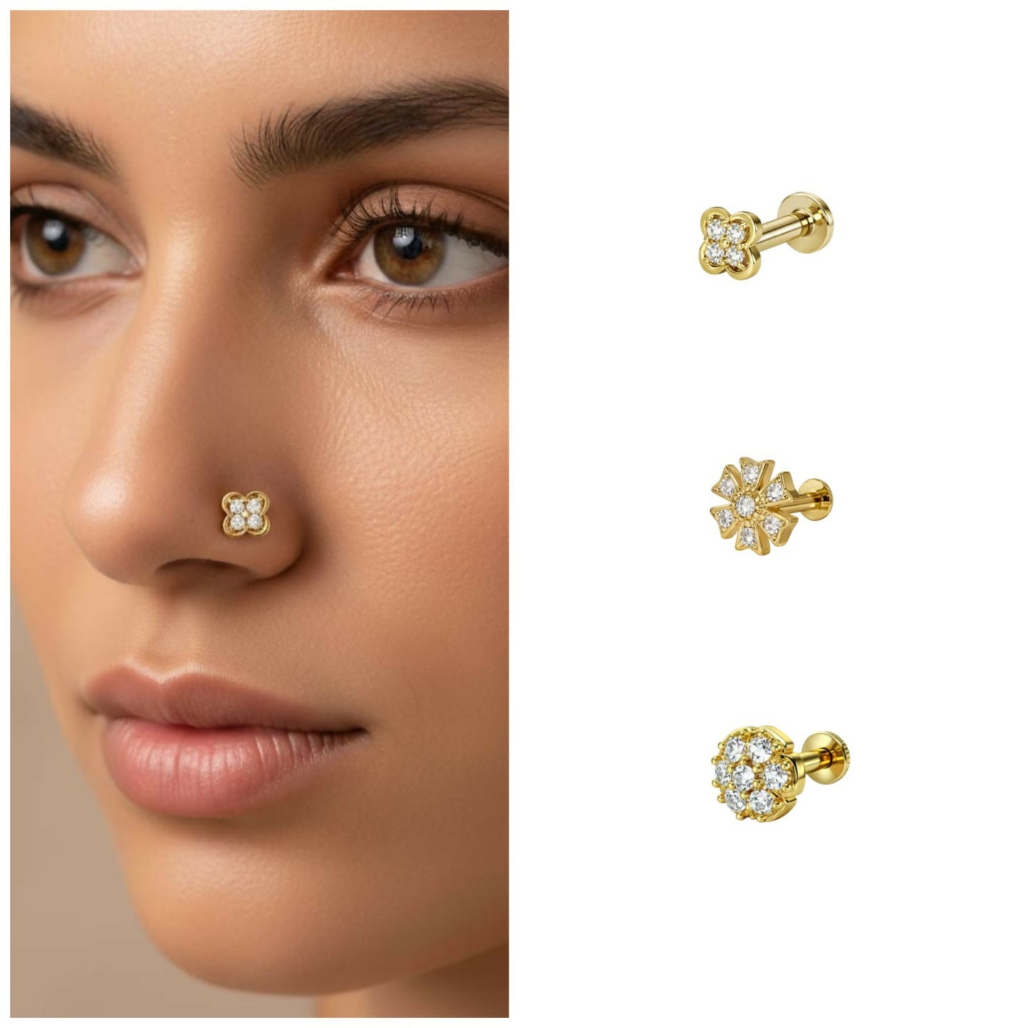 Gold plated floral nose pin stud with sparkling cubic zirconia crystals