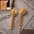 Gold Plated Shield Motif Dangle Earrings with Multi Chain Tassel Drop Design