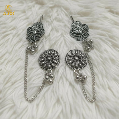 Oxidized Silver Chain Drop Earrings styled with ethnic outfit