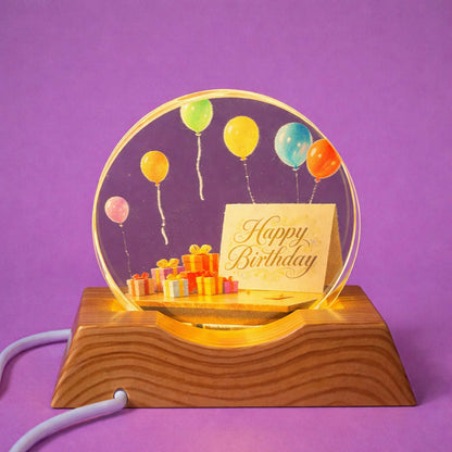 Happy Birthday Acrylic LED Night Lamp with Wooden Base Decorative Gift
