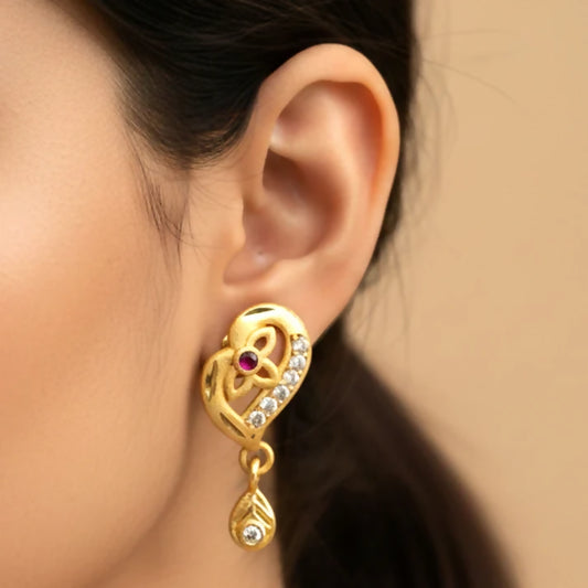 Decorative Leaf Pattern Gold Stud Earrings With Embedded Stones And Drop Element