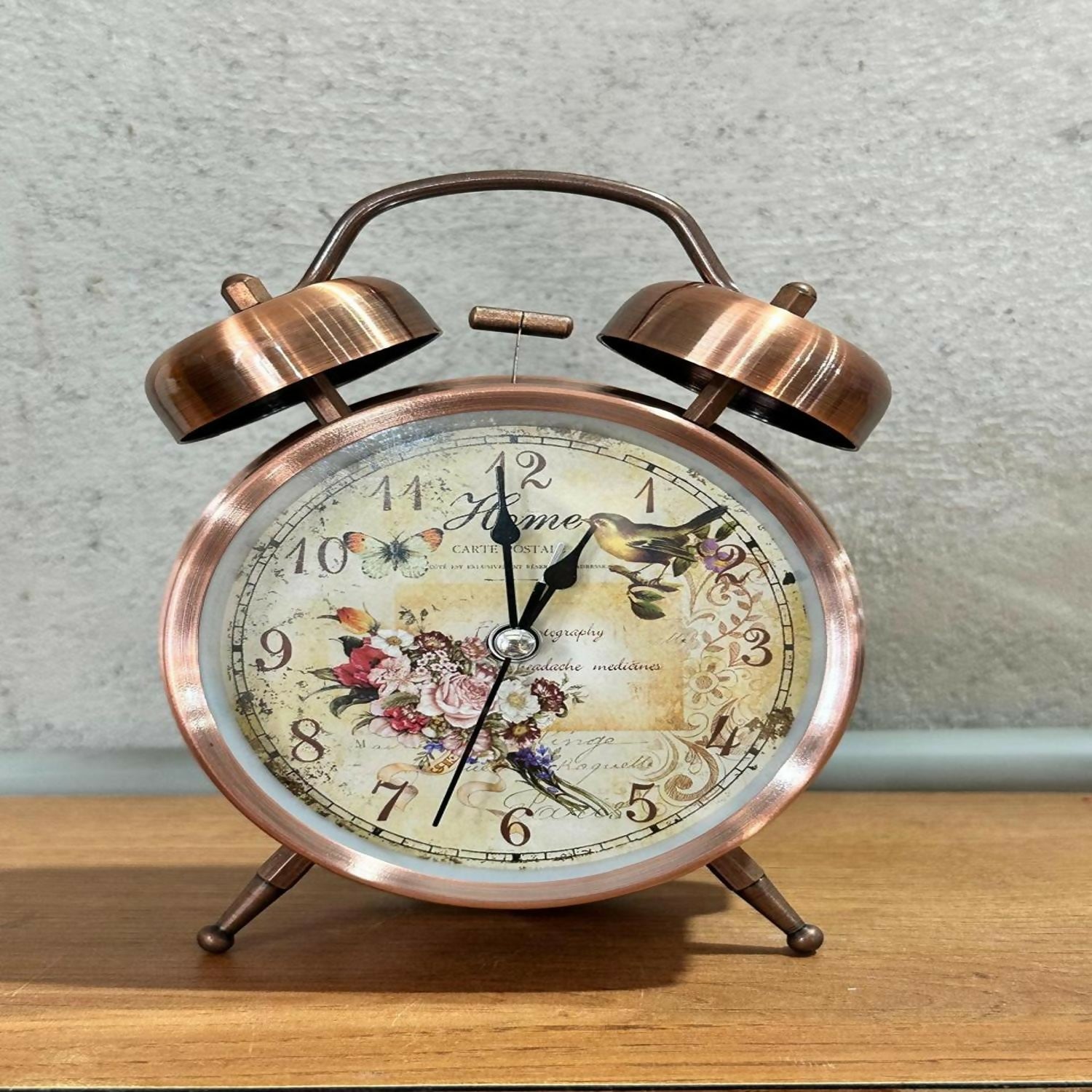 Vintage Bronze Twin Bell Alarm Clock with Loud Ringer | Retro Classic Bedside Table Clock with Antique Floral Dial & Metal Frame | Battery Operated Analog Clock for Home, Bedroom, Office & Gifting