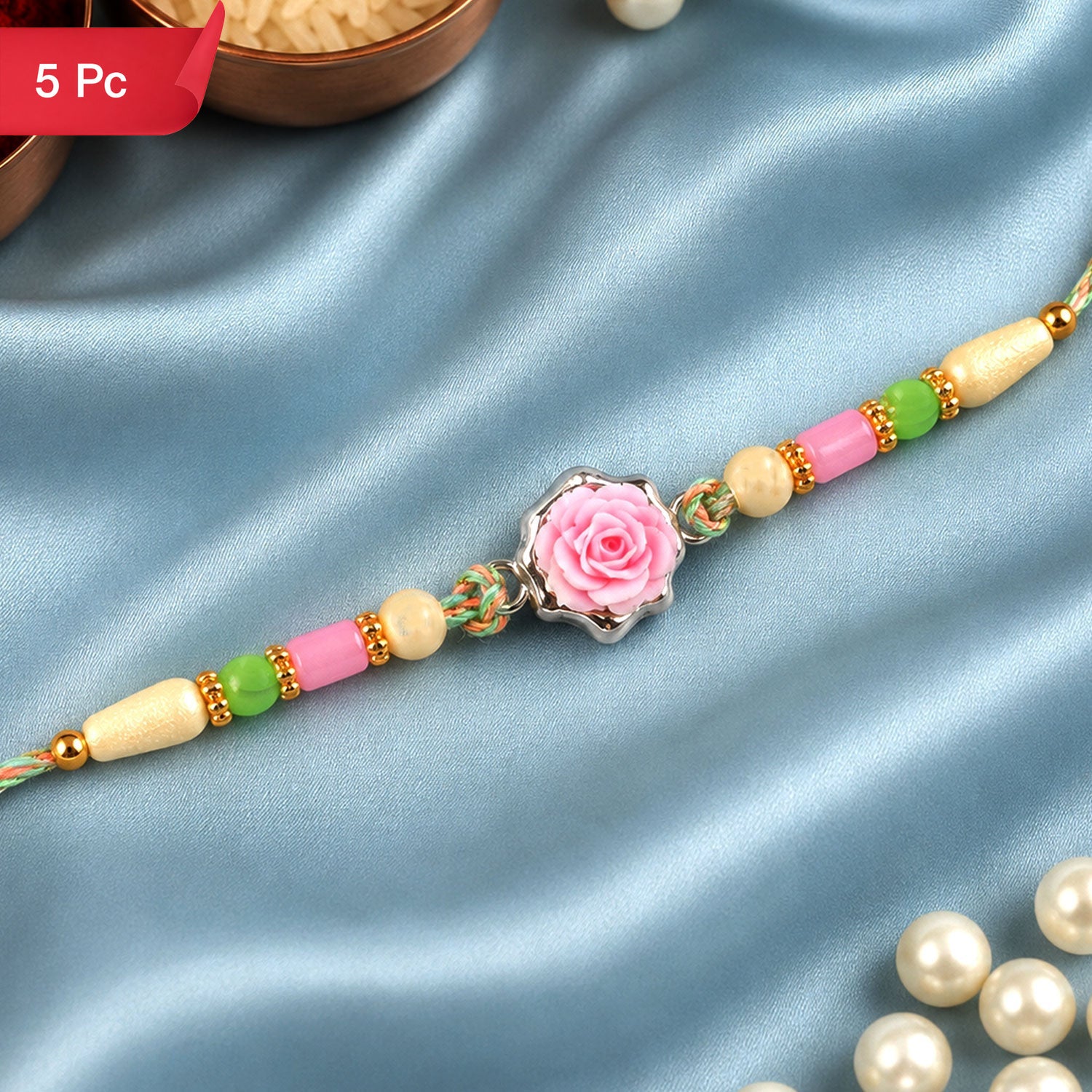 Rose Flower Charm Rakhi Designer Beaded for Brother (5pcs)