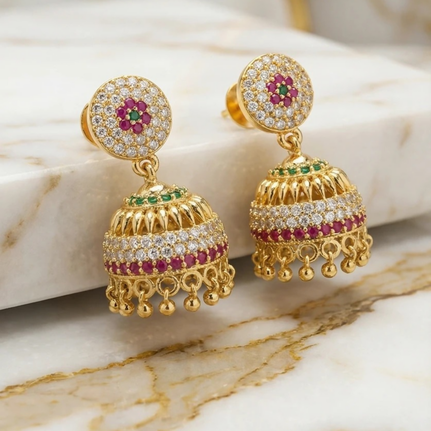 Gold-Plated Multicolour Ad Stone Studded Traditional Jhumka Earrings for Women