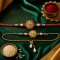 Star Design Floral Kundan Bhai Bhabhi Lumba Rakhi with Pearl Drops