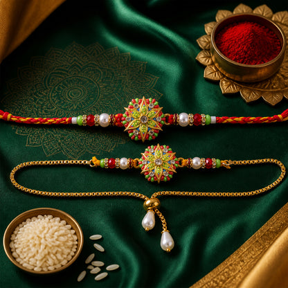Star Design Floral Kundan Bhai Bhabhi Lumba Rakhi with Pearl Drops