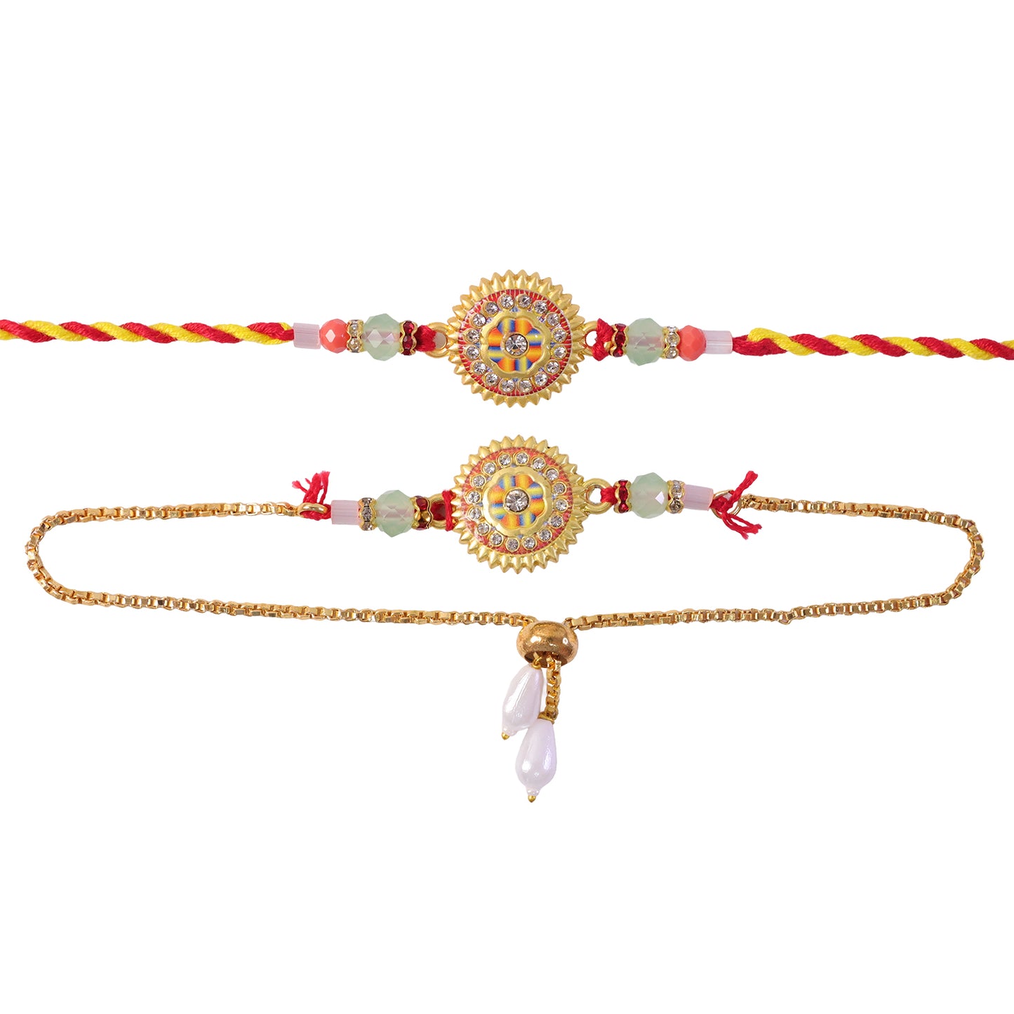 Round Mandala Stone Bhai Bhabhi Lumba Rakhi with Pearl Chain Detail