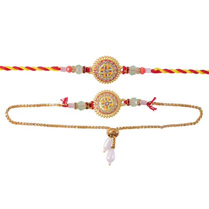 Round Mandala Stone Bhai Bhabhi Lumba Rakhi with Pearl Chain Detail