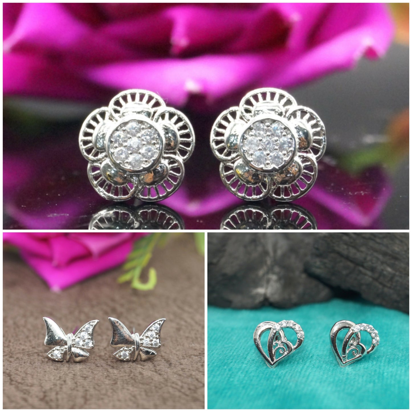 Set of three pairs of silver zircon stud earrings including flower, butterfly, and heart designs