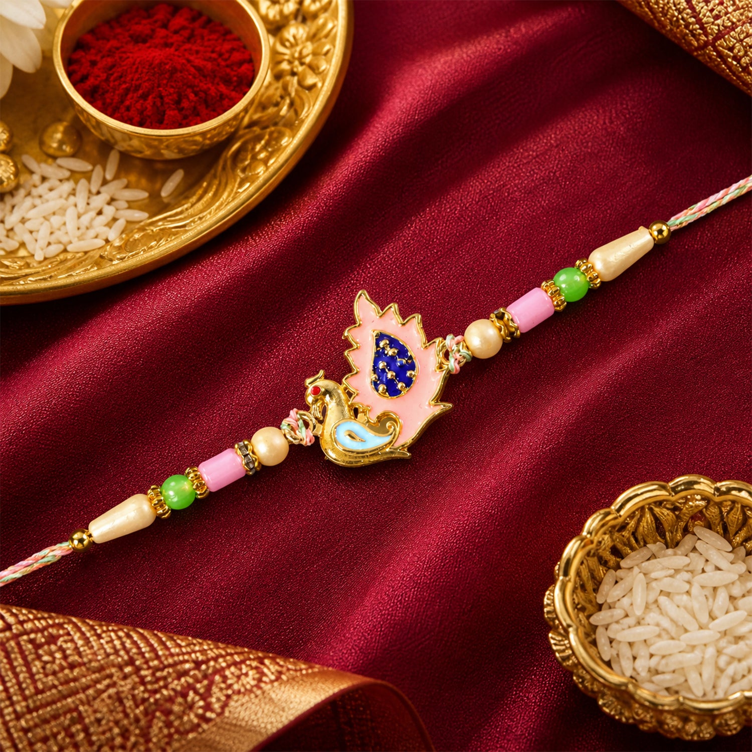 Peacock Designer Rakhi for Brother with Pink Pendant & Colorful Bead Work