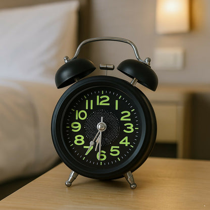Black Vintage Twin Bell Analog Alarm Clock for Bedside & Study Table