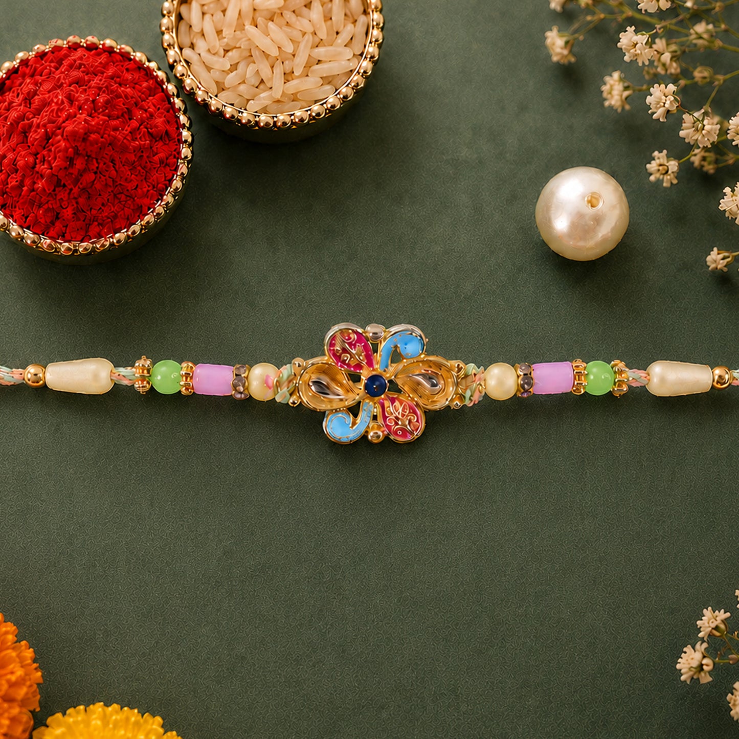 Ornate Rakhi featuring Petal Blossom Charm and bead line in gift style for Gift Use