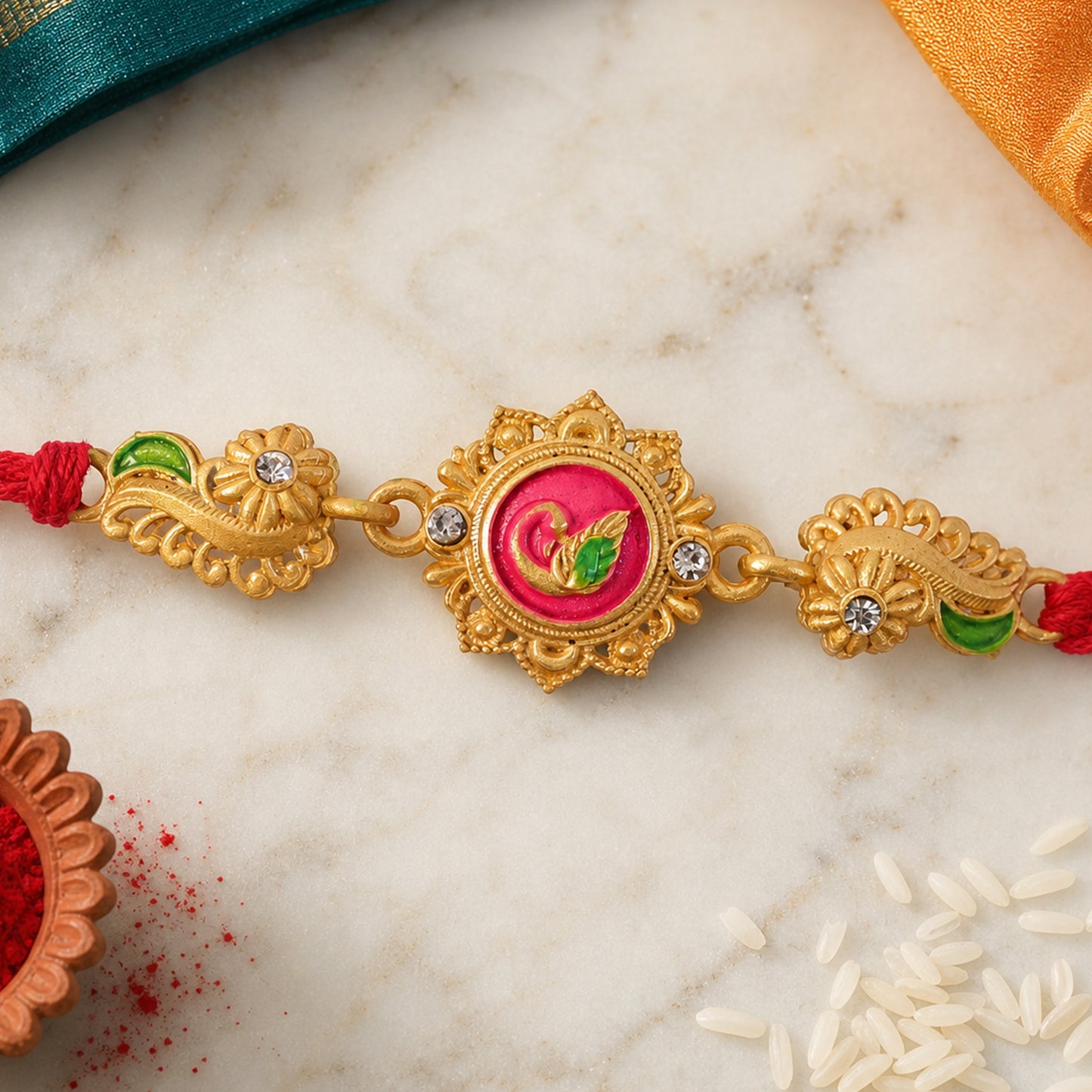 Designer Rakhi showcasing Floral Rosette, gold trims and gift style for Gift Styling