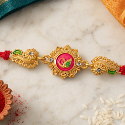 Designer Rakhi showcasing Floral Rosette, gold trims and gift style for Gift Styling