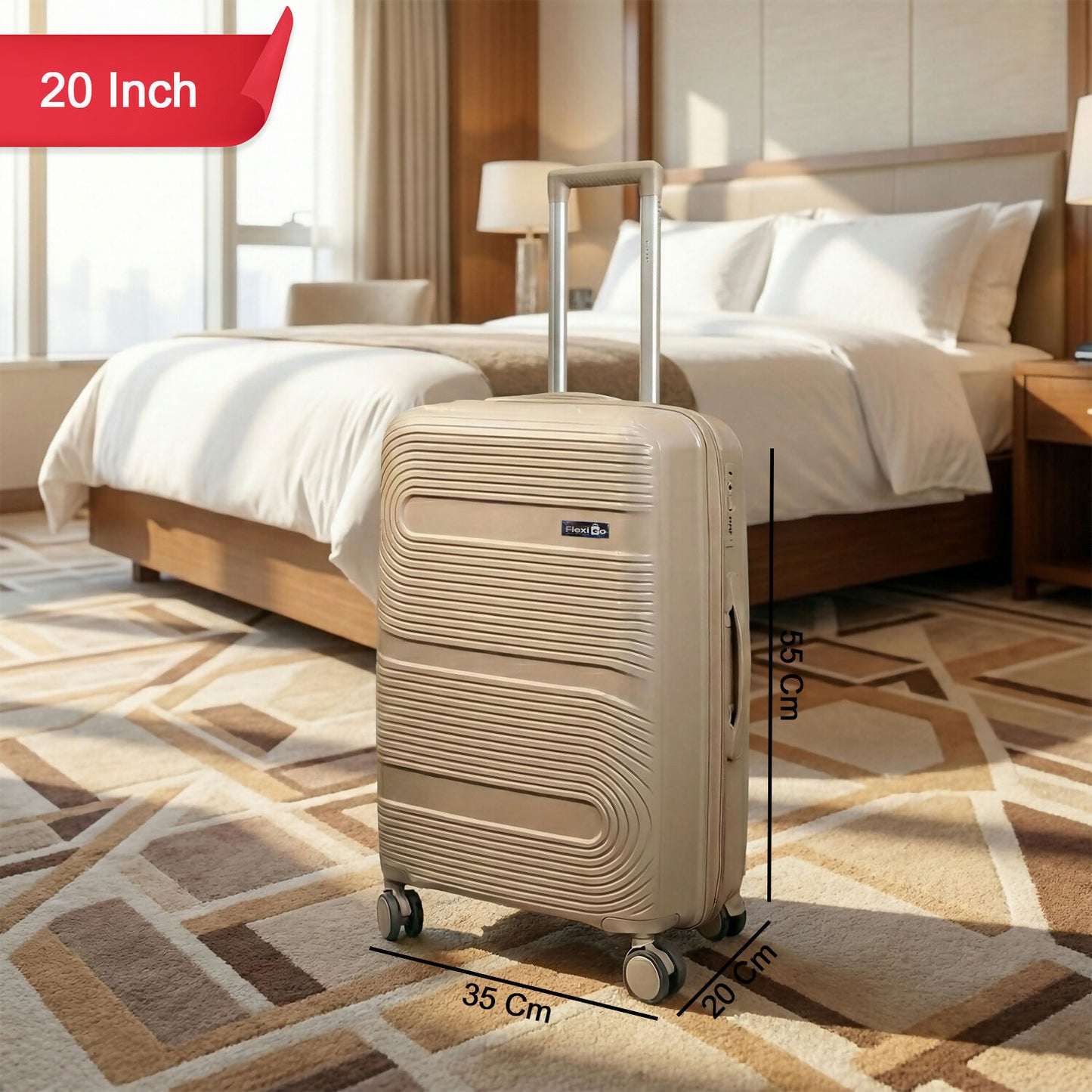 Beige Gold Hard Shell Cabin Trolley Suitcase with Telescopic Handle & 8 Wheels