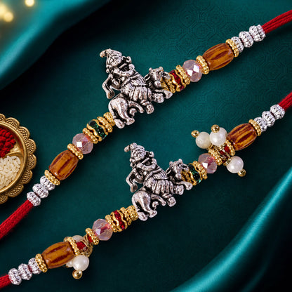 Silver Ganesha Couple Rakhi Set with Amber Crystal Beads and Pearl Lumba Charm Gift