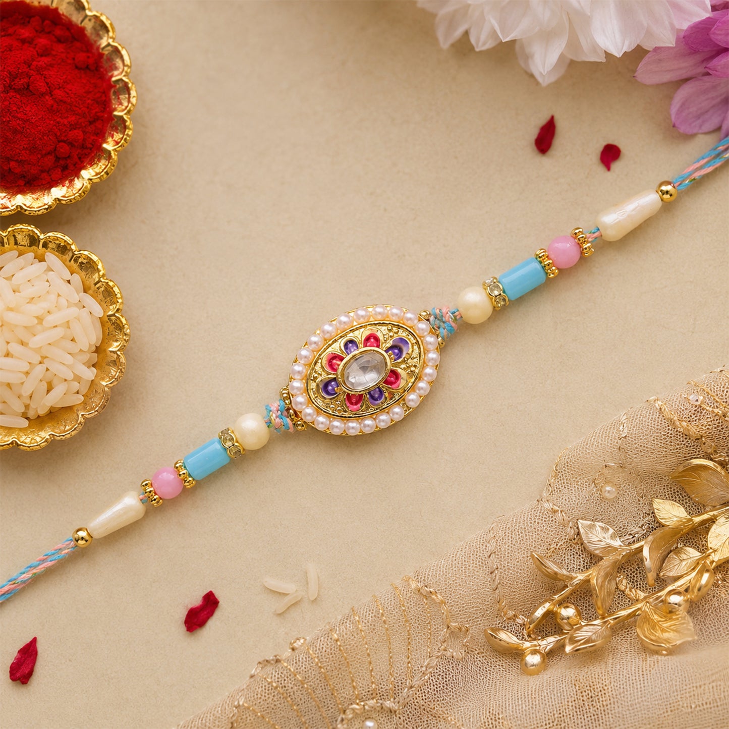 Pearl Bordered Oval Kundan Pendant Rakhi with Pastel Beads