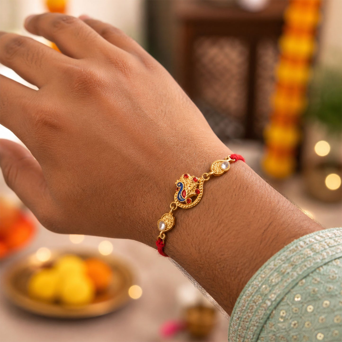 Festive Rakhi featuring Peacock Charm, pink accents and wrist style for Gift Styling