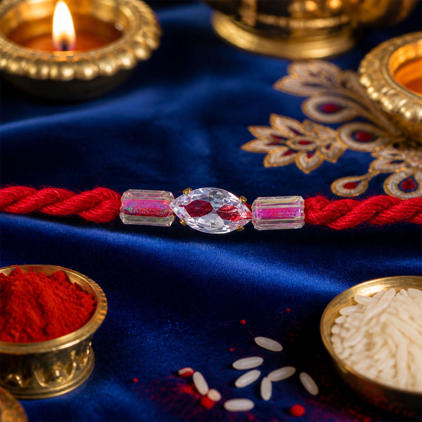 Red Thread Rakhi with Pink and Clear Crystal Bead Pendant Accents